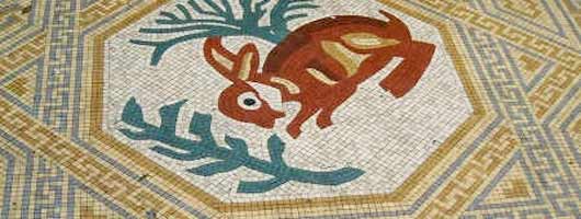 Replica mosaic representing the design of a hare on the 4th Century A.D. Mosaic from Corinium, Roman Cirencester