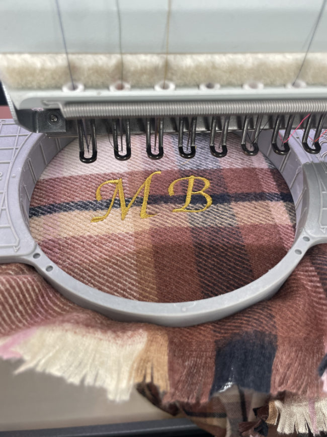 Machine embroidering initials