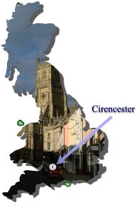 Map of the UK showing position of Cirencester. Map copyright Commatic Limited
